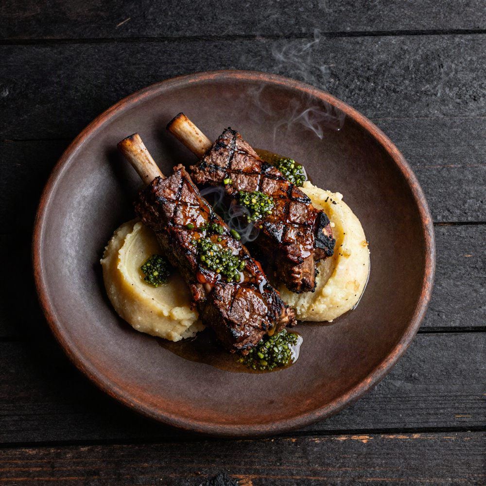 Asado de tira servido sobre plato de greda